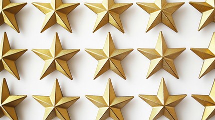 Golden star ornaments a luxurious matte finish neatly arranged in a symmetrical pattern on a white background
