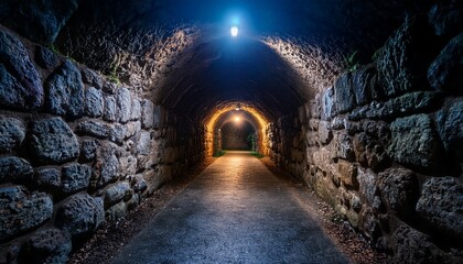 Fototapeta premium a dimly lit stone tunnel with glowing lights on the sides creating a mysterious atmosphere
