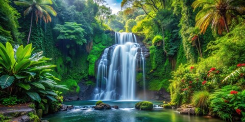 A stunning waterfall cascading down lush, tropical jungle surrounded by vibrant greenery and exotic flora ,  Waterfall