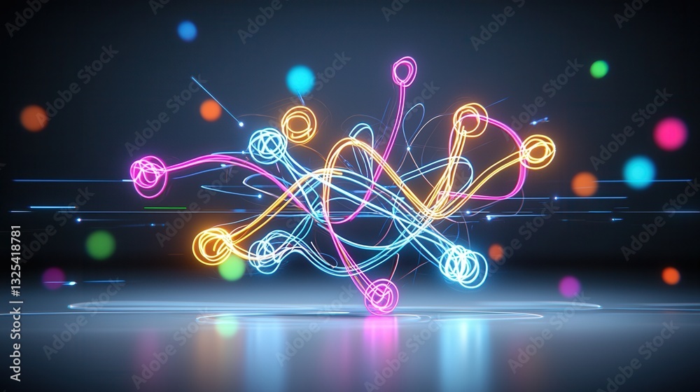 Poster a visually striking abstract artwork featuring a dynamic composition of colorful glowing neon like s