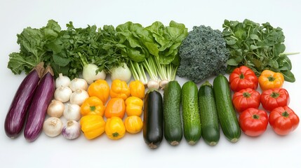 This vibrant display showcases a diverse array of fresh organic vegetables including eggplant broccoli spinach tomatoes peppers cucumbers garlic and mushrooms