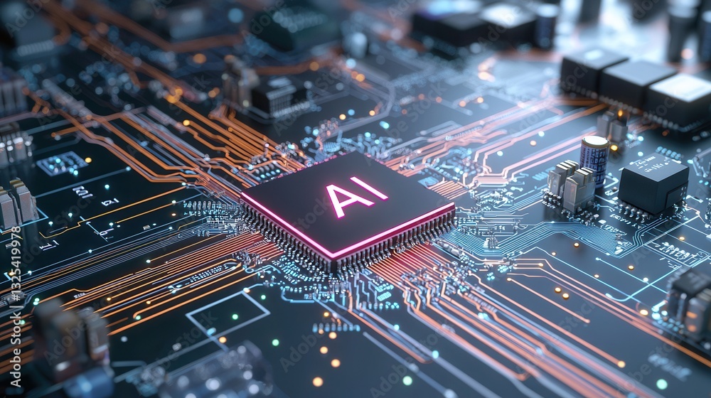 Poster a detailed futuristic view of an advanced microchip with intricate circuit patterns and electronic c