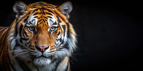 Fototapeta premium Close up portrait of a fearsome tiger on a dark background , tiger, animal, predator