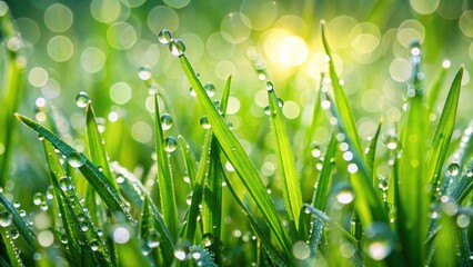 Fototapeta premium Close up of fresh green grass blades covered in glistening dew drops, nature, spring, morning, wet, water, droplets