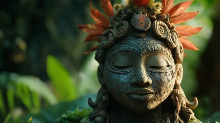 Serene statue of a goddess adorned with vibrant leaves, surrounded by lush greenery in a tranquil garden