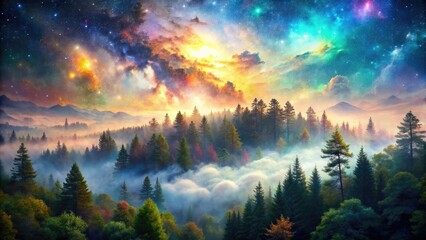 Celestial dreams and mystical forests intertwine in a surreal AI-generated double exposure.