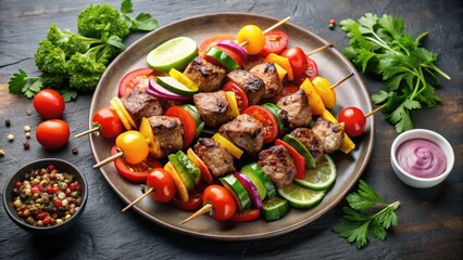 Plate of assorted kebabs served with fresh grilled vegetables, food, kebab, vegetables, plate, grilled, assortment, skewers