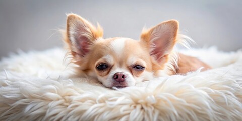Fototapeta premium Funny chihuahua dog peacefully sleeping on a fluffy pillow in a cozy bed , chihuahua, funny, dog, sleeping, pillow, bed, cozy