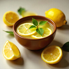 Rustic Lemon slices in a Bowl, surrounded by lemons. cinematic top view Flat lay