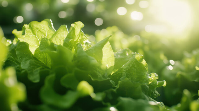 Greeb lettuce leaves glistening with dew.  Fresh, organic produce.