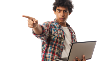Young man pointing with finger while holding laptop with transparent background