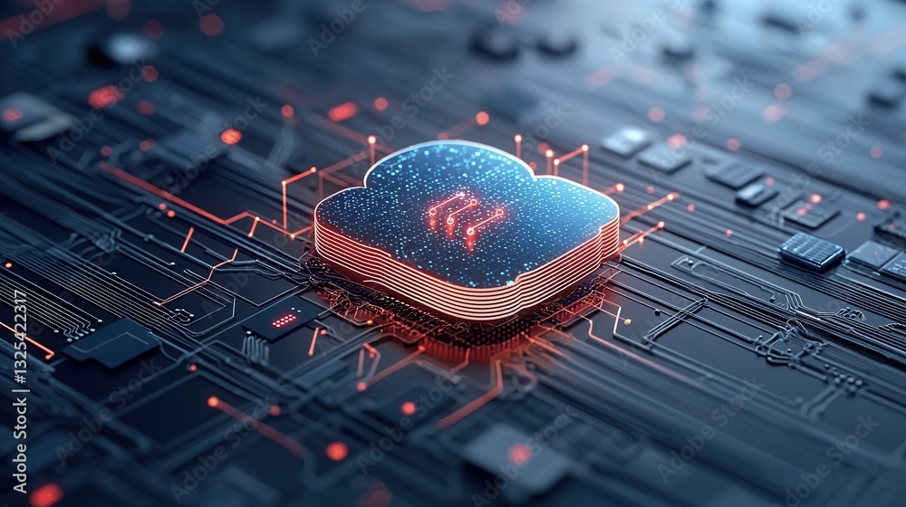 Poster futuristic digital circuit board with a glowing microchip symbol representing a modern hosting netwo