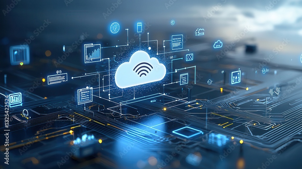Poster a complex futuristic depicting an advanced cloud computing network with interconnected devices serve
