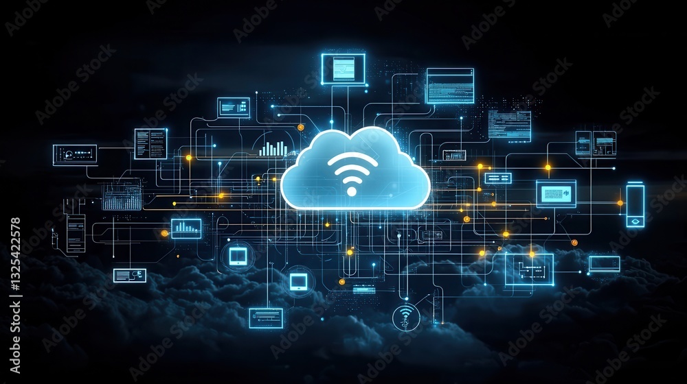 Poster intricate showcasing the interconnected nature of advanced cloud computing networks highlighting the