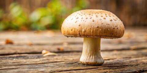 Close-up of a plump, fresh edible mushroom on a natural wooden surface ,  organic, food, ingredient, fungus, vegetarian