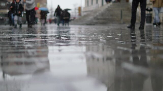 Rainy day stroll on wet pavement in a bustling city