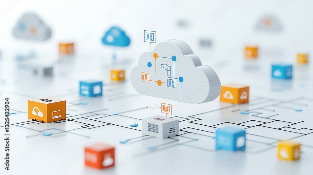 Poster advanced cloud hosting network design showcasing a complex interconnected digital infrastructure wit
