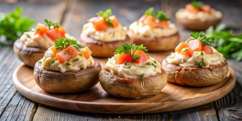 Stuffed mushrooms filled with salmon and creamy sauce ,  Stuffed, mushrooms, salmon, cream, gourmet, appetizer