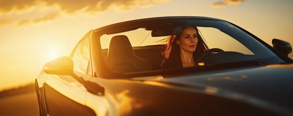 A woman drives a convertible car during a beautiful sunset golden hour