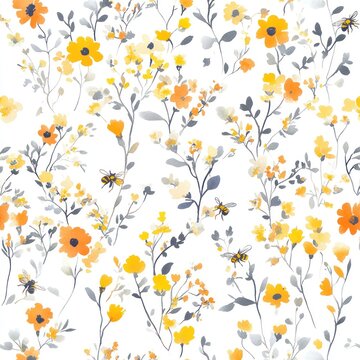 Yellow floral bumble bee pattern textile design