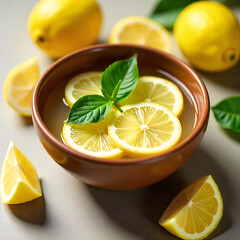 Rustic Lemon slices in a Bowl, surrounded by lemons. cinematic top view Flat lay