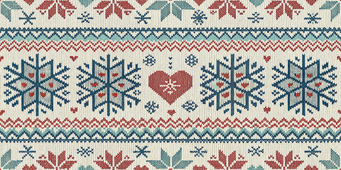 winter Seamless Nordic inspired knitted pattern with geometric snowflakes