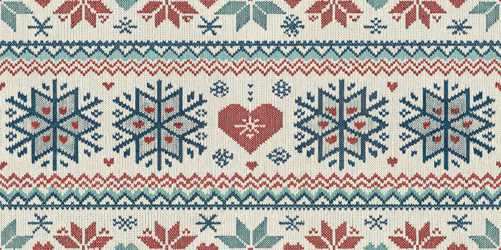 winter Seamless Nordic inspired knitted pattern with geometric snowflakes