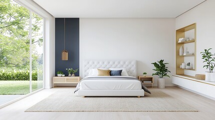 Fototapeta premium A beautifully designed bedroom interior featuring a clean minimalist aesthetic with natural elements and a calming serene ambiance