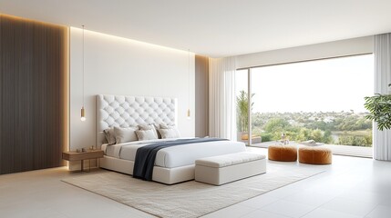 Fototapeta premium This serene and sophisticated bedroom interior features a clean contemporary design with a tufted headboard neutral color palette