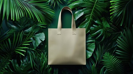 Fashionable beige tote bag mockup on a dark green background, surrounded by lush tropical leaves, creating a vibrant and exotic atmosphere for summer shopping and fashion concepts.