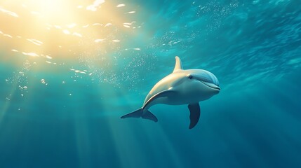 A dolphin swims gracefully underwater, illuminated by sunlight filtering through the surface, creating a serene and captivating marine scene.