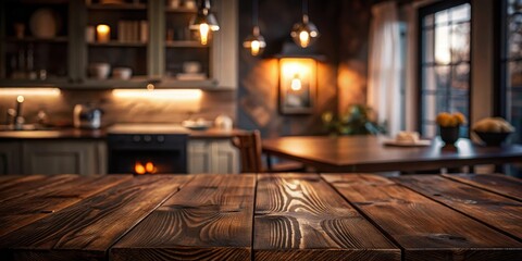 Dark wooden table with a blurred background of a cozy home interior setting, wood, table, dark, background, blurry, cozy, home