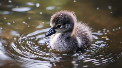 A cute duckling swims in a serene pond, creating ripples in the water, showcasing its fluffy feathers and playful nature.