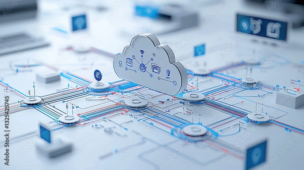Poster conceptual of a complex digital cloud computing infrastructure system with interconnected servers ne