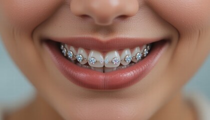 Fototapeta premium Silver teeth, Smiling mouth with braces showing teeth alignment for dental care treatment