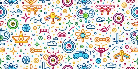 A cheerful, seamless pattern of colorful doodles and fun shapes. Minimalist childish scribble art, perfect for kids; drone-inspired design.