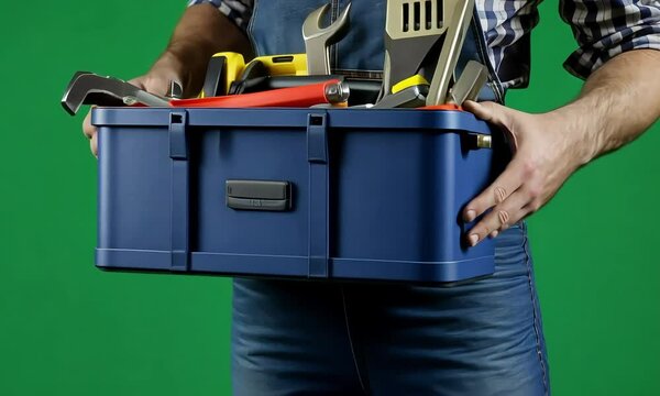 Man Holding a Blue Toolbox Filled with Tools Against a Green Background