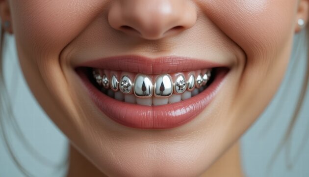 Metallic Smile - Close-up of a Woman's Mouth with Silver Teeth Grinning Happily