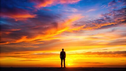 A solitary figure standing tall against a vibrant sunset backdrop ,  strength, silhouetted, dramatic, powerful