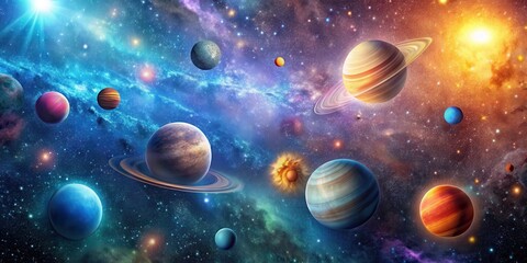 Abstract celestial background with colorful planets orbiting between cosmic galaxy stars ,  celestial, abstract, background