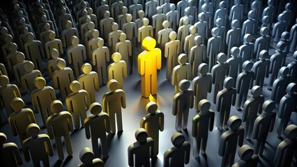 Fototapeta premium Yellow figure standing out in a dark crowd, drawing attention to itself, unique, standout, contrast