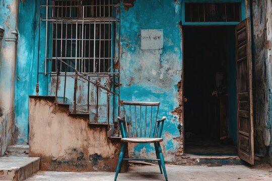 Aged blue building exterior with weathered chair and doorway