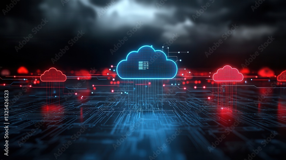 Poster a digital depicting a futuristic cloud based network infrastructure with interconnected data servers