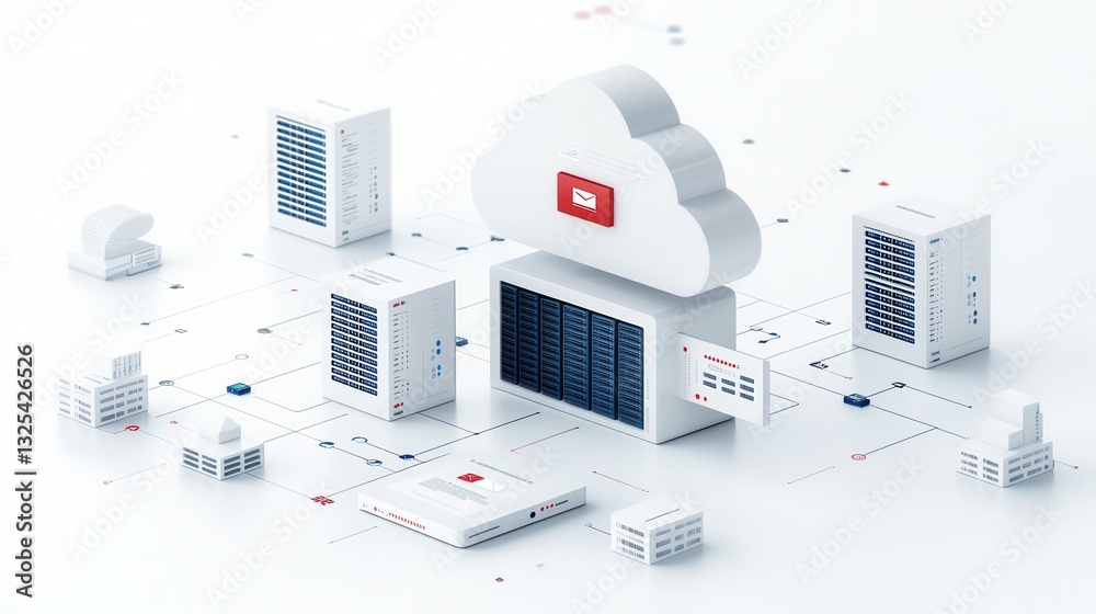 Poster futuristic image depicting a sophisticated interconnected network of servers storage and cloud based