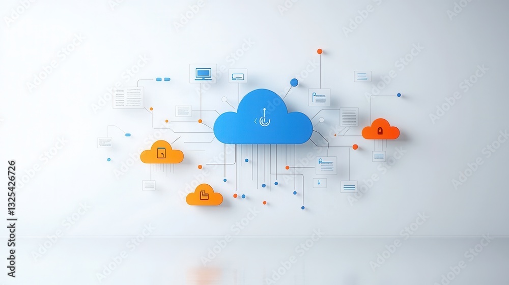 Poster a digital depicting a stylized cloud icon with connected elements representing a hosting network or 