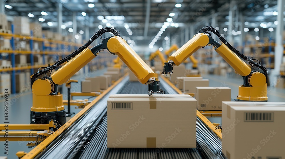 Poster automated warehouse with high tech robotic arms efficiently handling and transporting cargo and pack