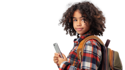 Smiling student girl with backpack holding smartphone on transparent background