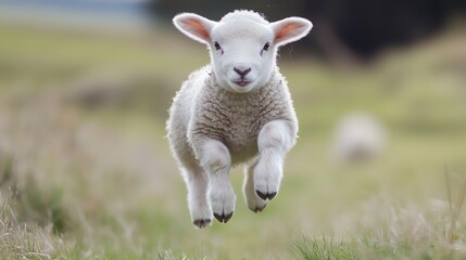 Obraz premium A playful lamb jumps joyfully across a grassy field under a serene sky, embodying the essence of nature and innocence.