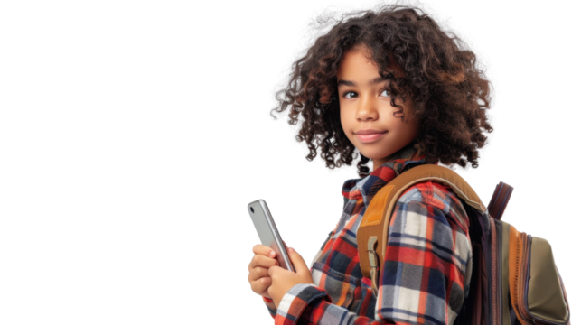 Smiling student girl with backpack holding smartphone on transparent background - Powered by Adobe