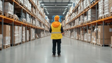 A worker wearing a yellow safety vest and protective gear walks down a long organized warehouse corridor lined with towering shelves and stacked boxes